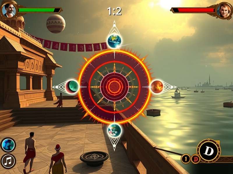 Shining Stroll gameplay screenshot showing celestial combat in Varanasi ghats